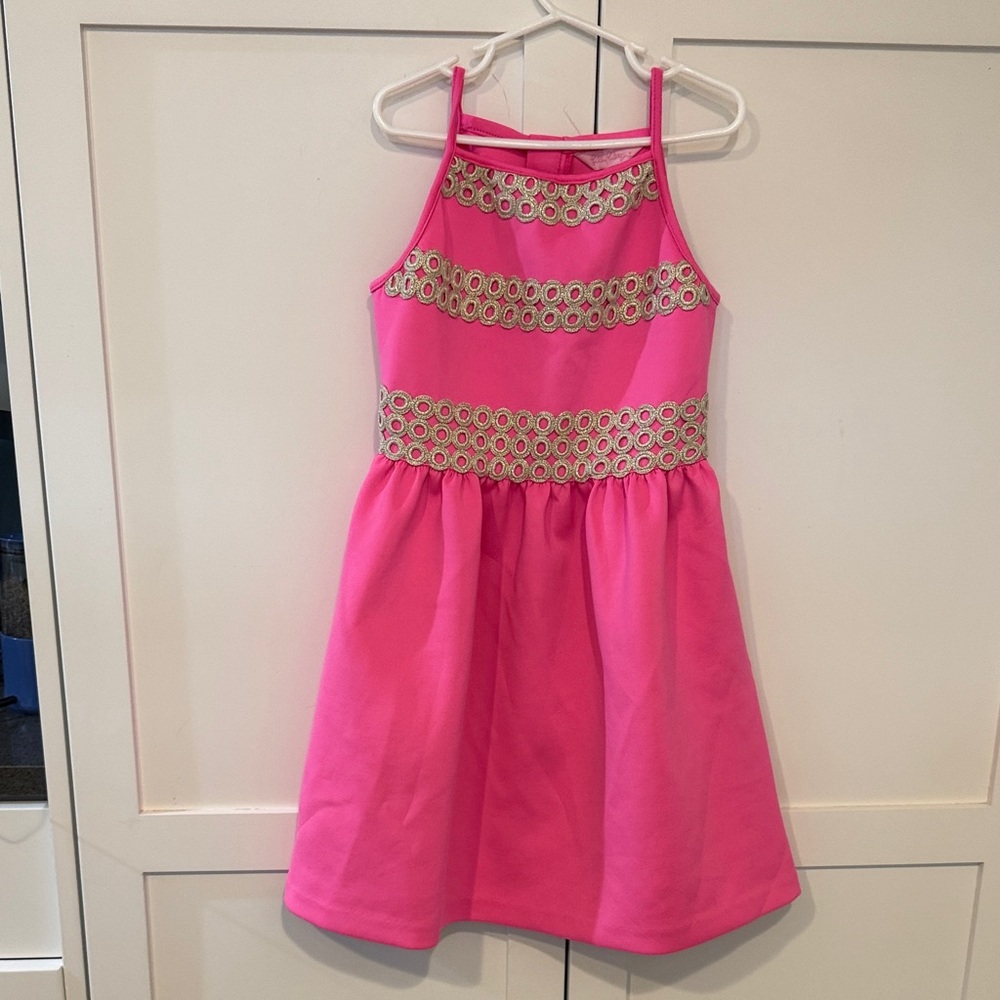 Lilly Pulitzer Hot Pink Sleeveless Girls' Party Dress with Gold Trim